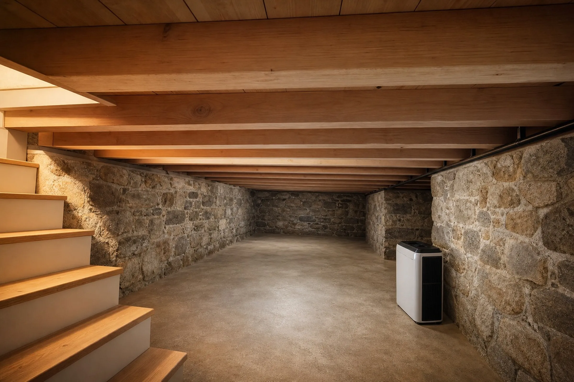 Clean, dry unfinished basement with a dehumidifier running after mold remediation