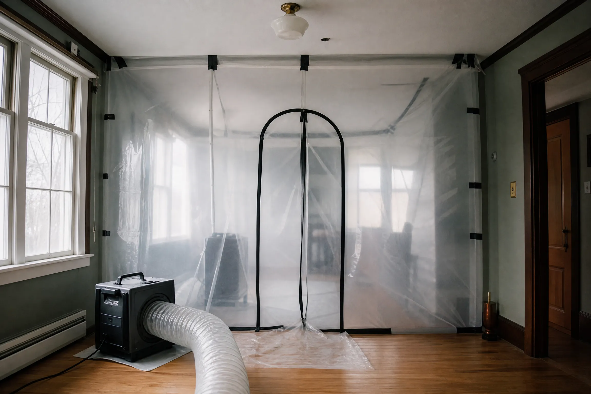Plastic containment with a zippered doorway and negative air machine set up in a Portland home