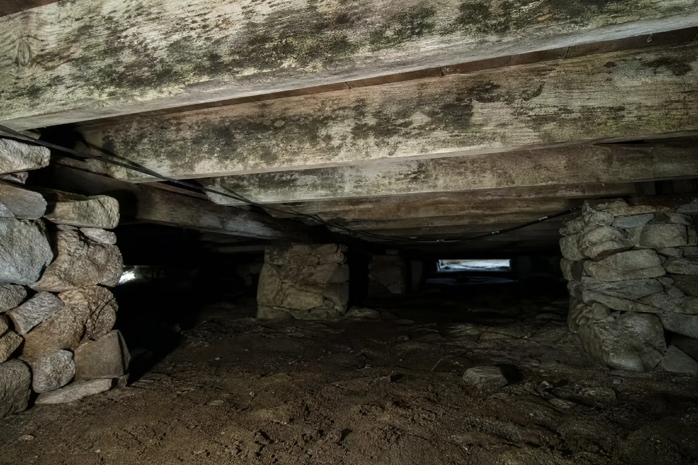 Mold on wooden beams in a vented crawl space under a Maine home